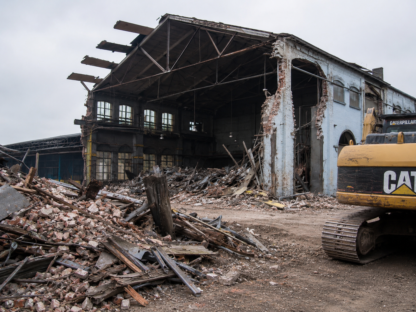 Demolition site with a partially torn-down building, rubble, and a yellow CAT excavator