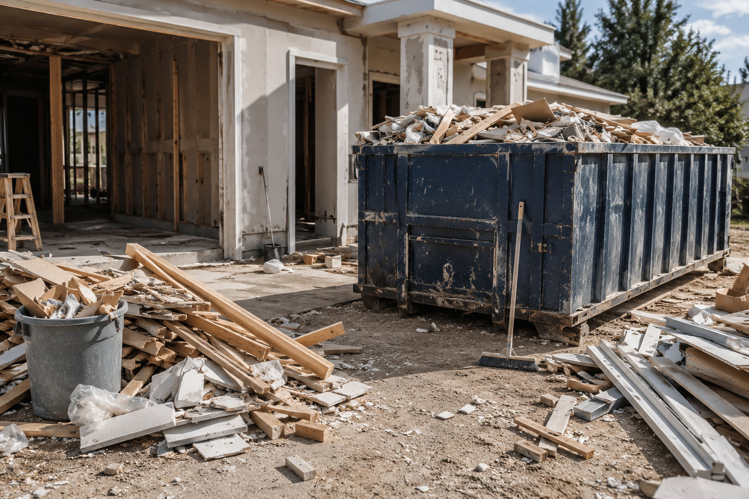 Construction debris beside a large blue dumpster at a house renovation site
