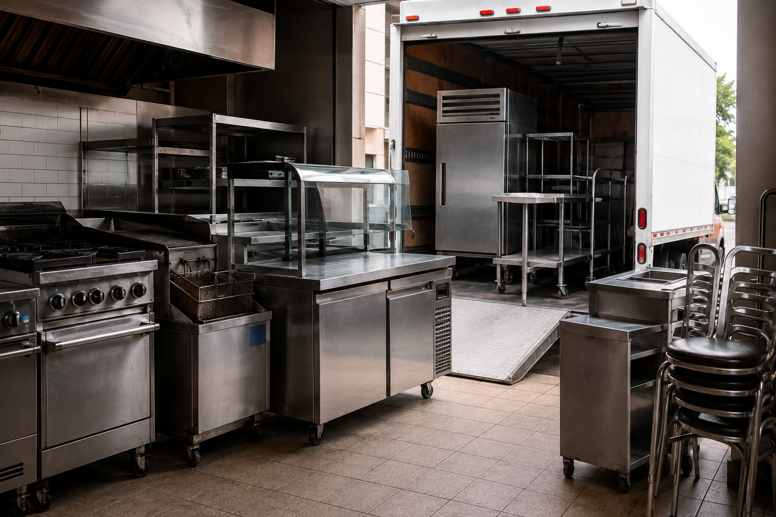 Industrial kitchen with stainless steel appliances, prep tables, and stacked chairs in a loading area