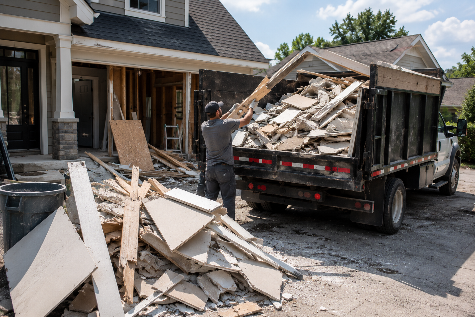 Worker loading debris into a dump trailer outside a house under renovation