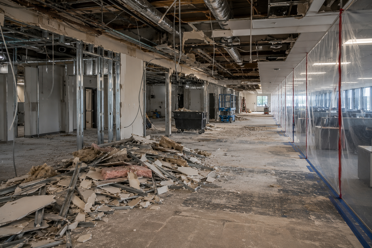 Abandoned construction site with exposed ceiling, debris piles, and unfinished walls in a gutted interior