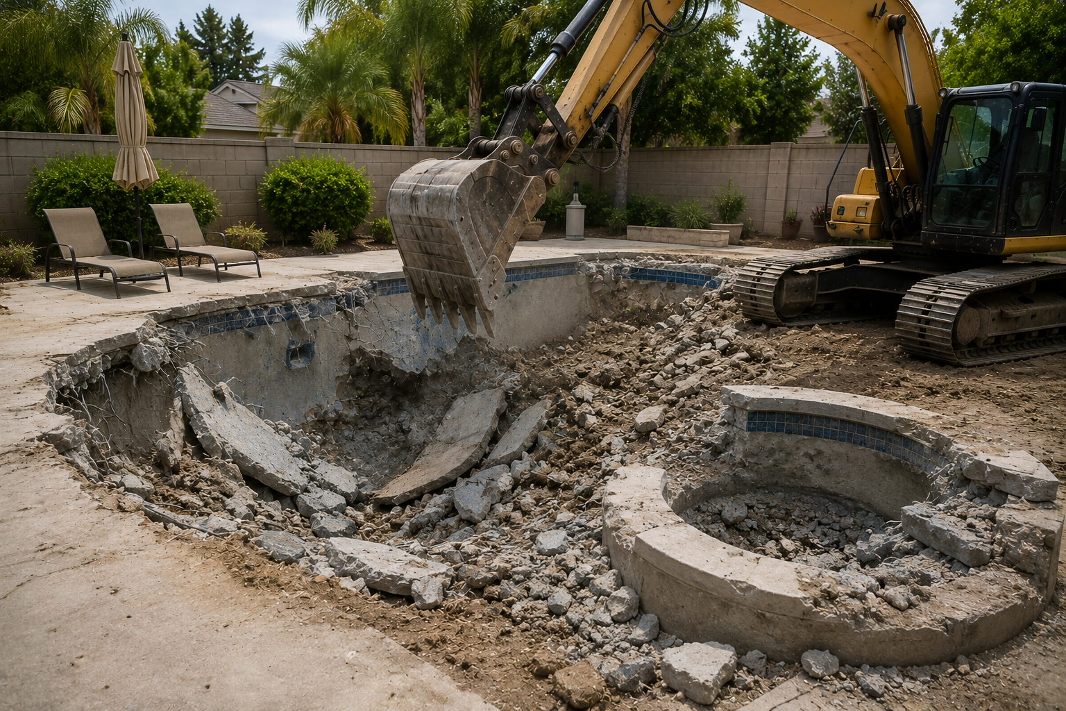 Excavator demolishing a concrete backyard pool, with rubble and a circular spa nearby.