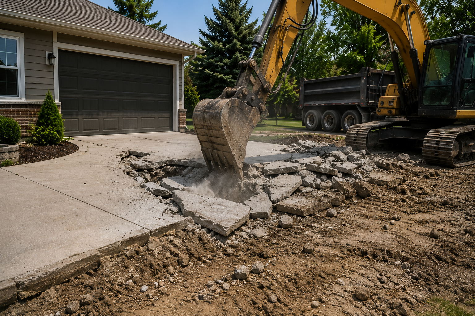 Excavator breaking up a concrete driveway beside a house and garage in a residential yard
