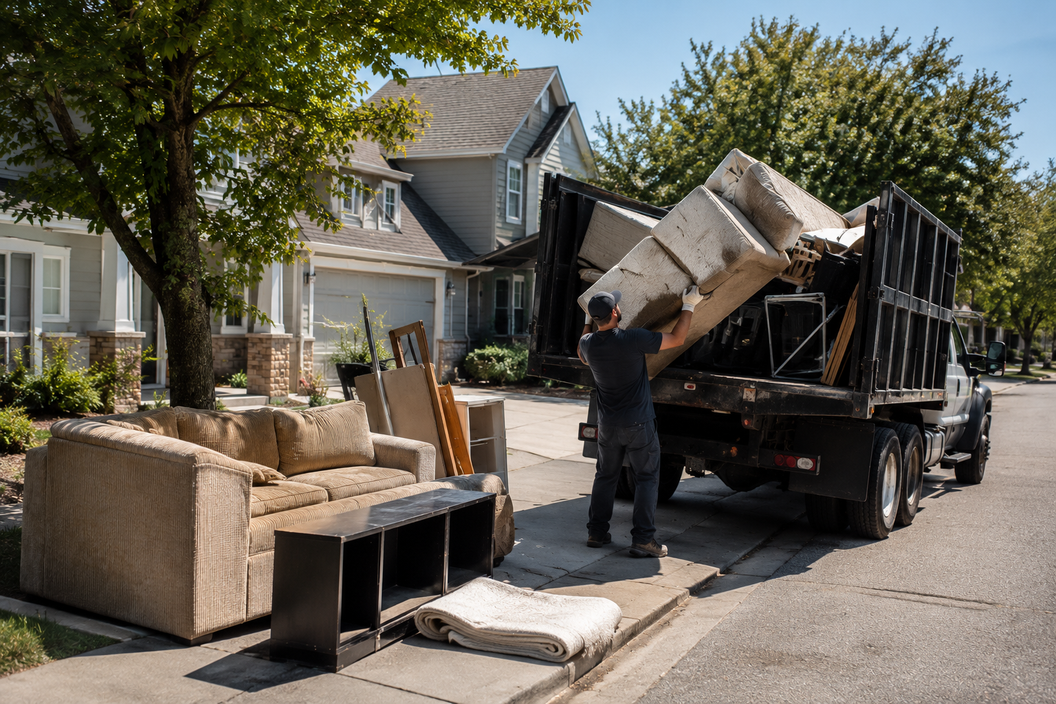 Person loading furniture and debris onto a truck outside a house on a residential street.