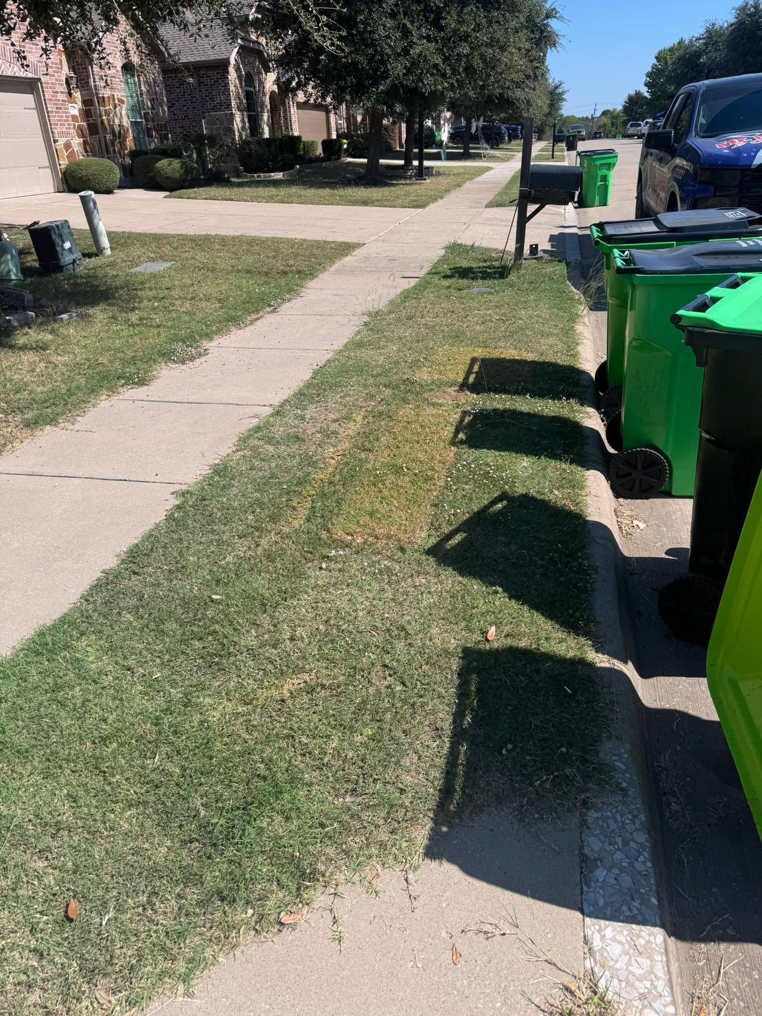 Residential sidewalk beside green trash bins on a sunny day