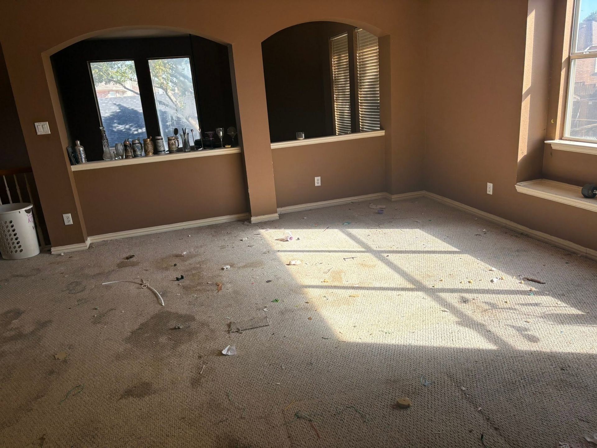 Empty beige living room with carpet damage, sunlight on the floor, and windows with mountain view