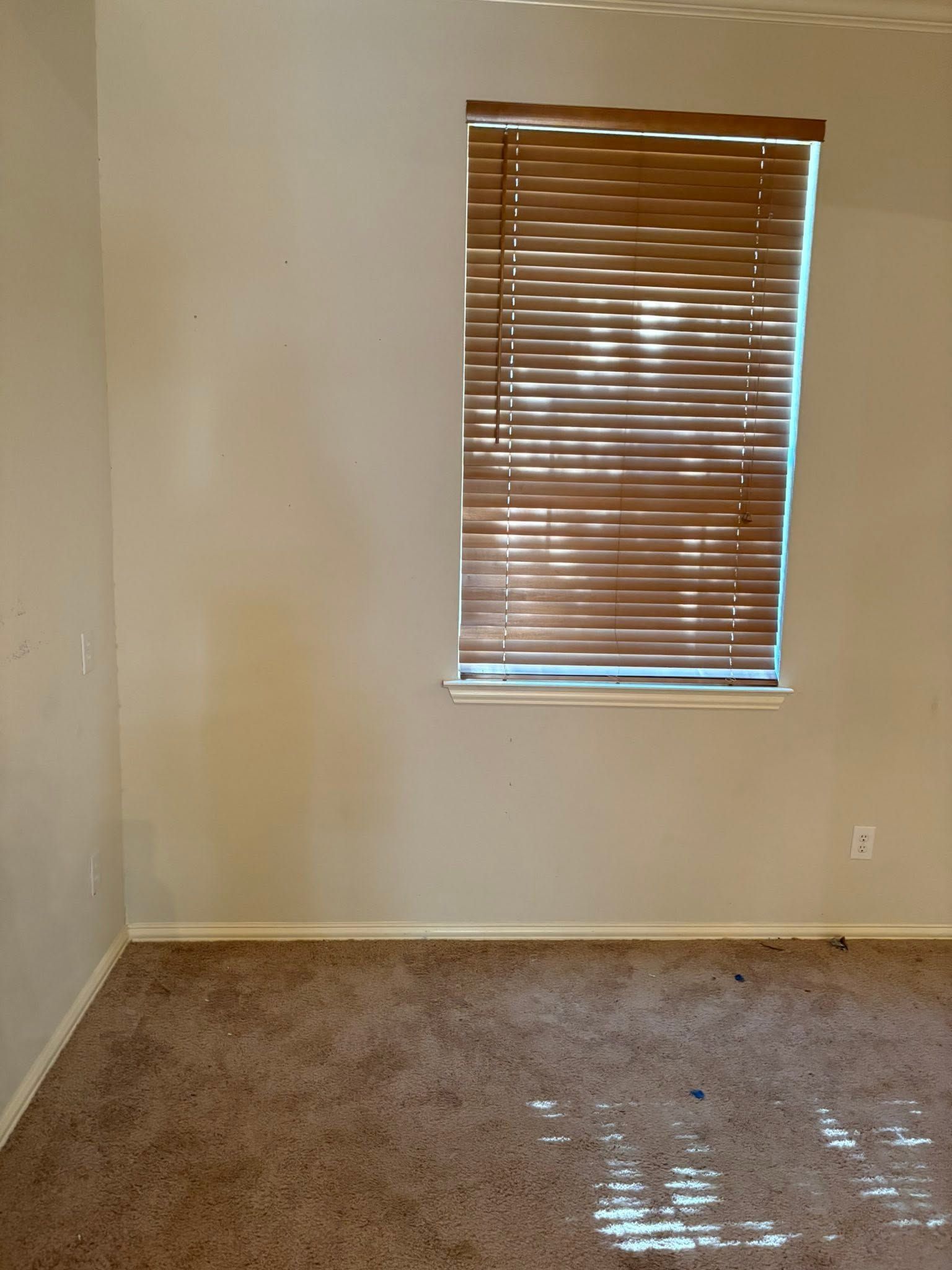 Empty beige room with brown carpet and a window covered by wooden blinds.