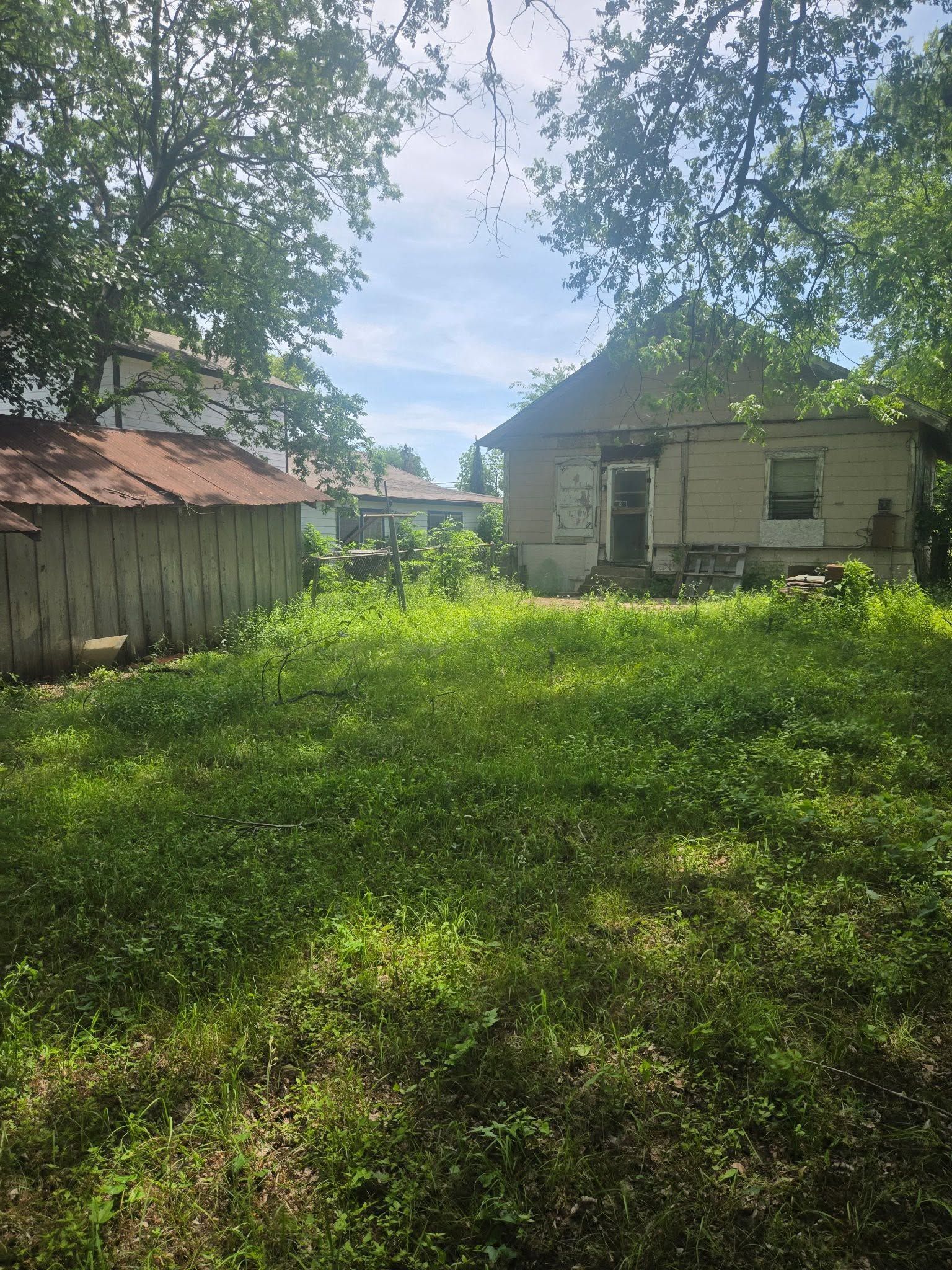 Overgrown yard with a weathered house and shed under trees on a sunny day