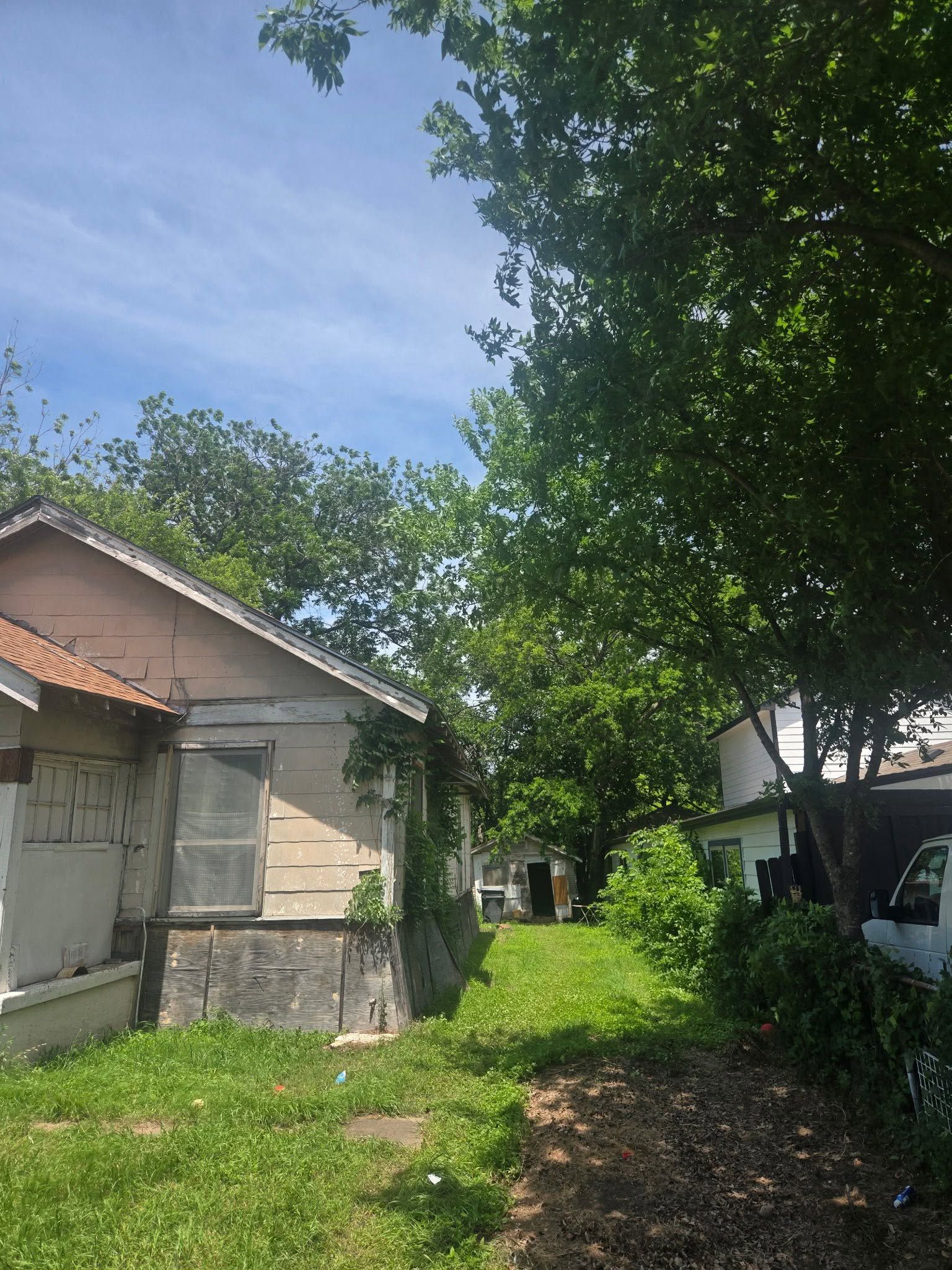 Sunny backyard between two houses with grass, trees, and a narrow path