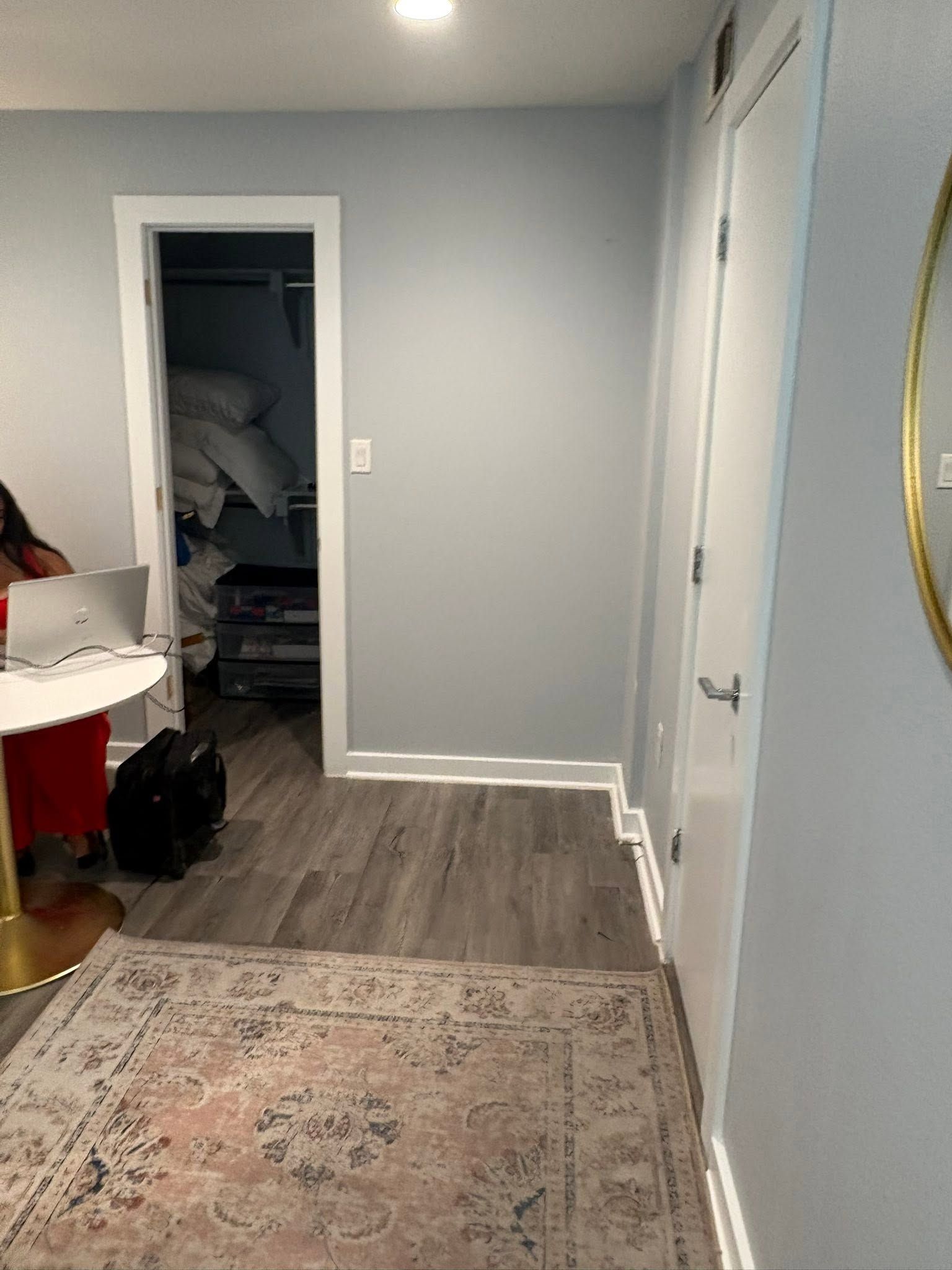 Narrow gray hallway with a rug, open closet, and white doors; part of a table at left.