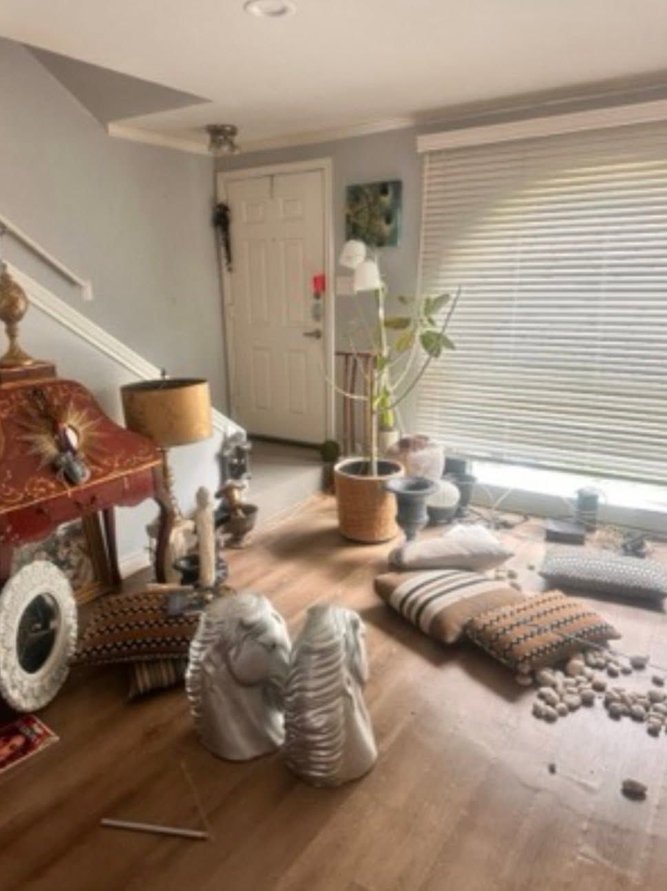 Living room with scattered pet supplies, cushions, and a cat tree near a bright window