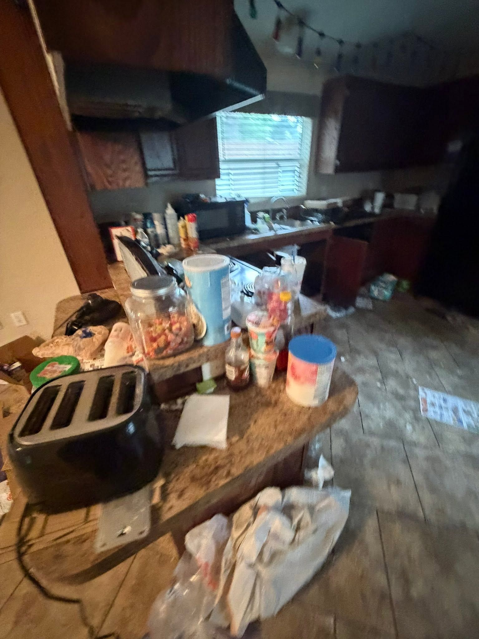 Cluttered kitchen with a countertop full of groceries, bags, and containers near a window.