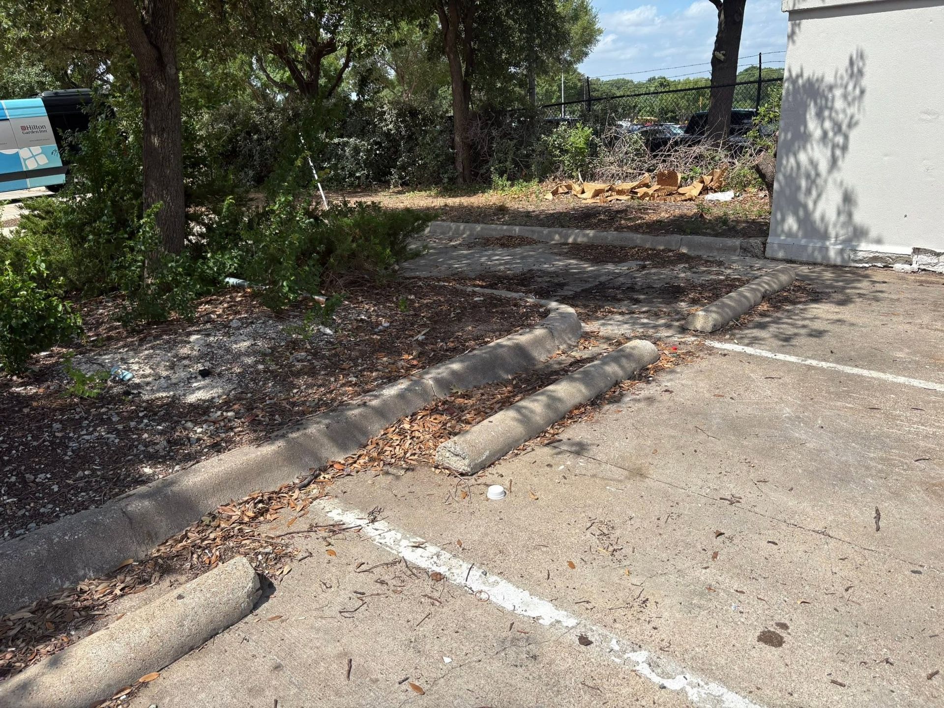 Empty parking area with concrete wheel stops beside trees and a white building.