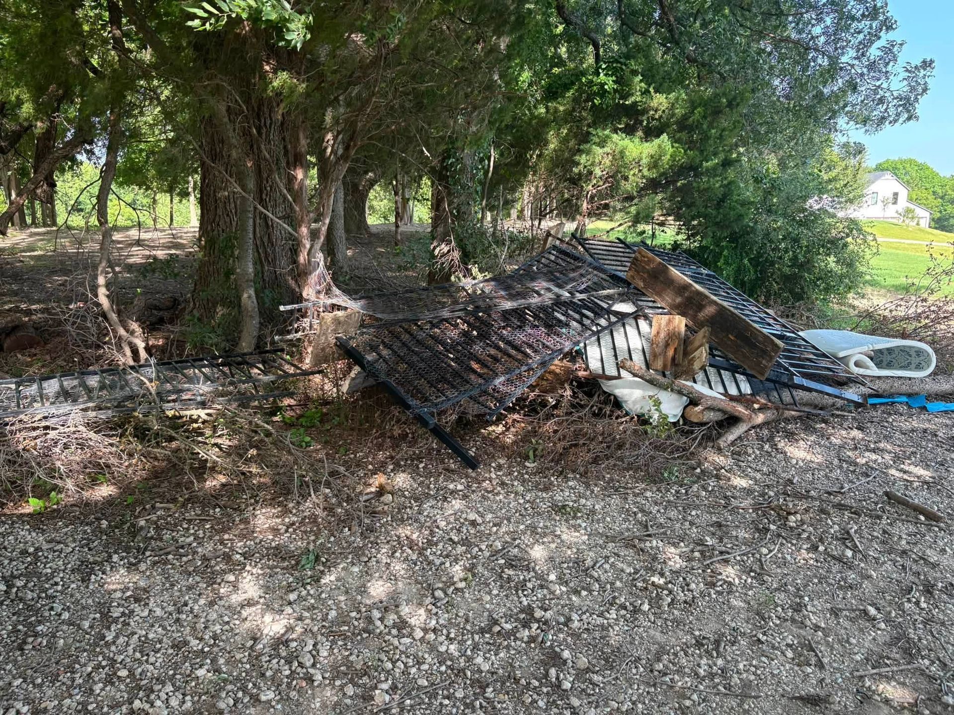 Collapsed shed under trees in a grassy yard, with debris and a blue hose or pipe nearby