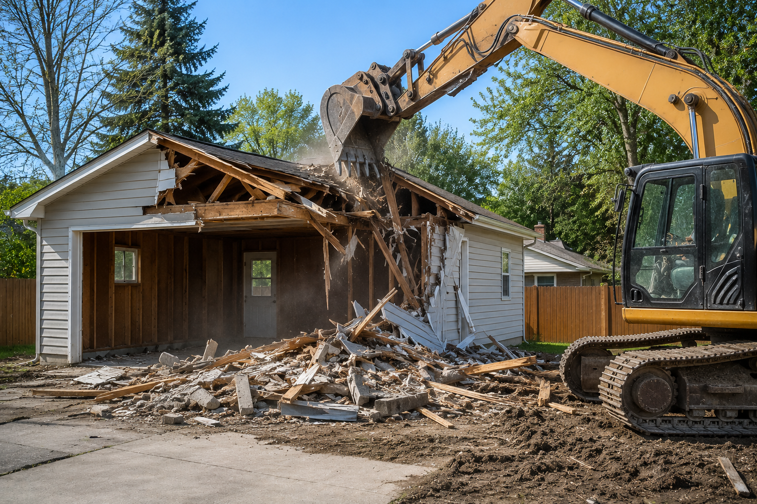 Excavator demolishing a small house, with debris scattered in a residential yard.