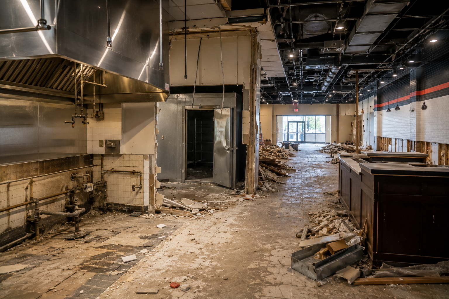 Abandoned restaurant kitchen under renovation, with exposed ceilings, debris, and a doorway to daylight