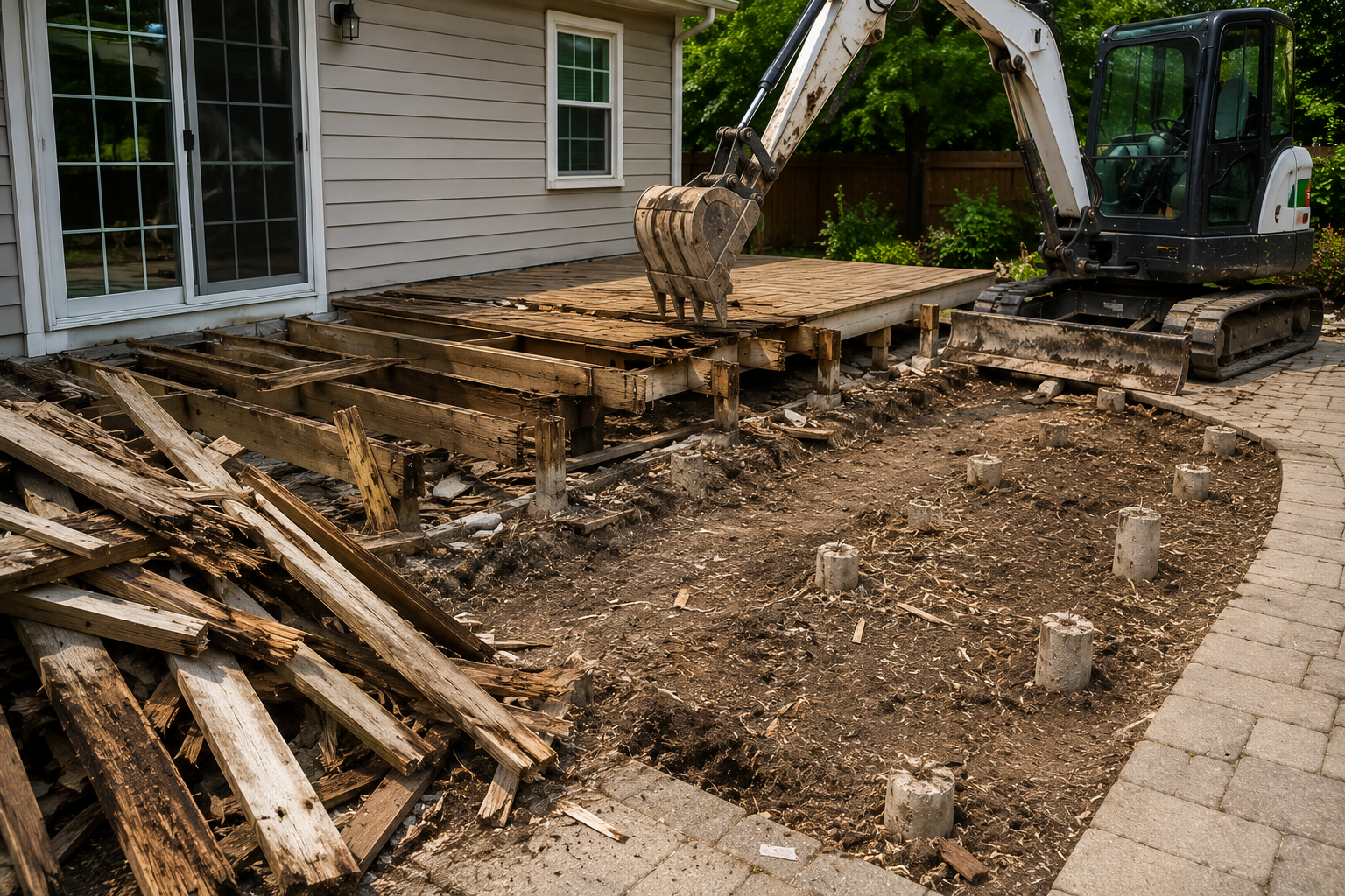 Wood deck demolition beside a house, with lumber piled up and an excavator on a dirt yard.