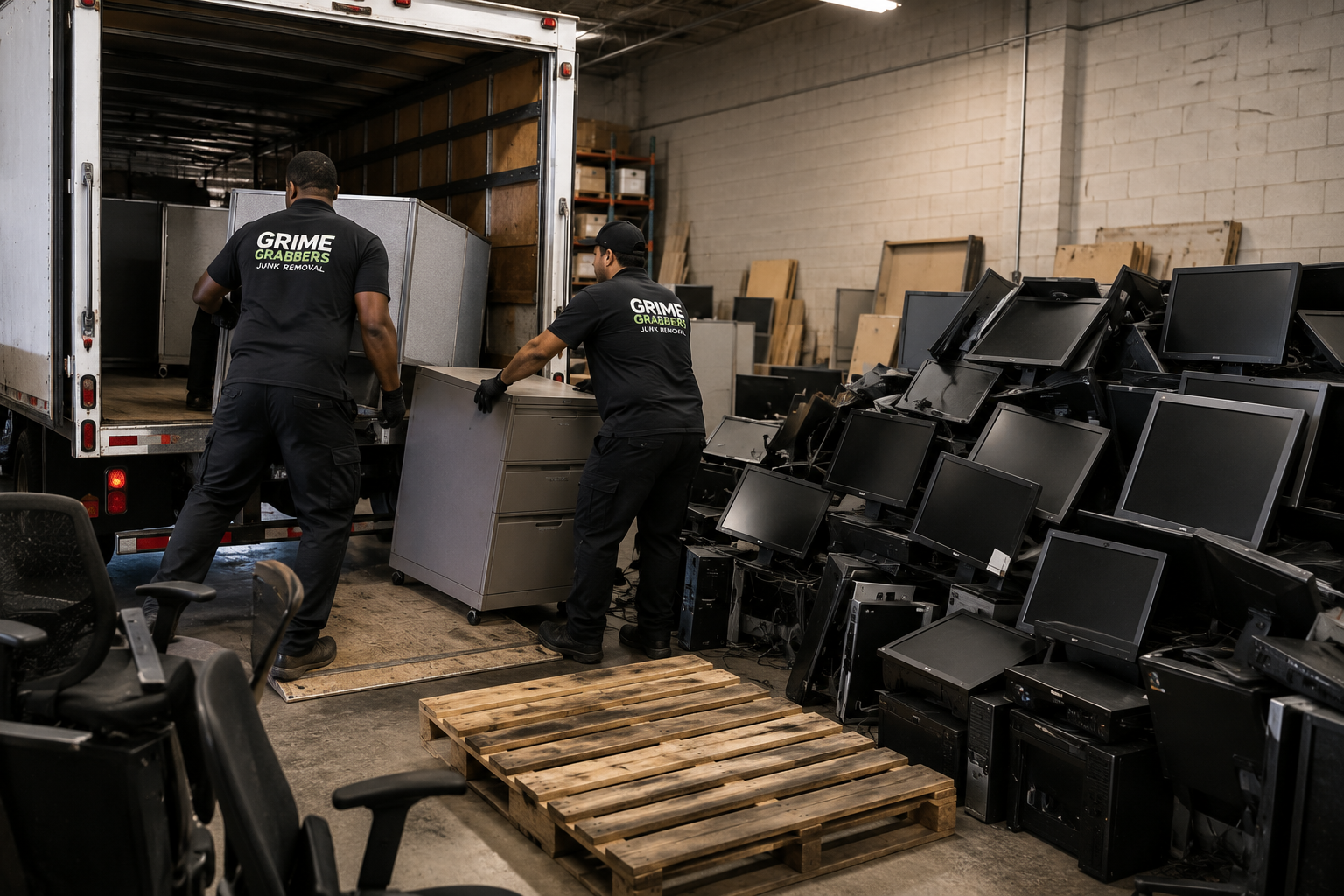 Workers unloading stacked black computer monitors from a truck in a warehouse loading area