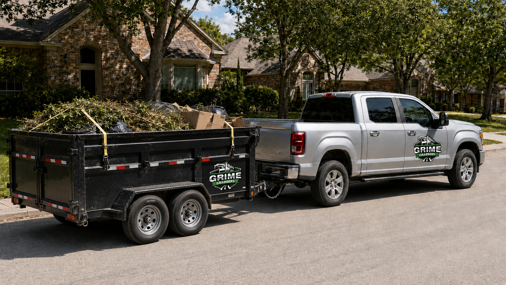Furniture and boxes on a driveway beside a moving truck at a suburban house