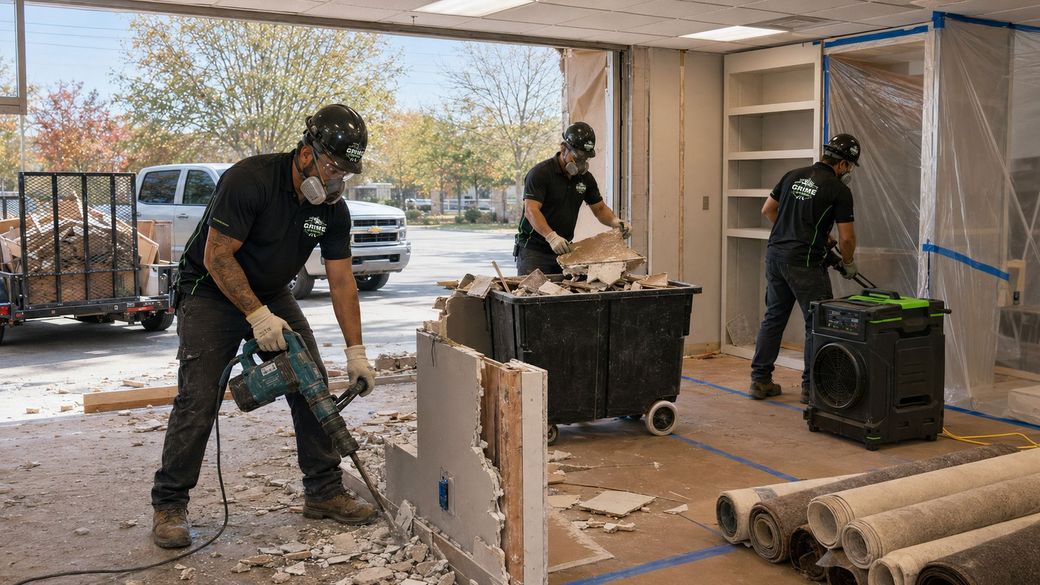 Interior demolition of a damaged building, with rubble, exposed beams, and an excavator on the right.