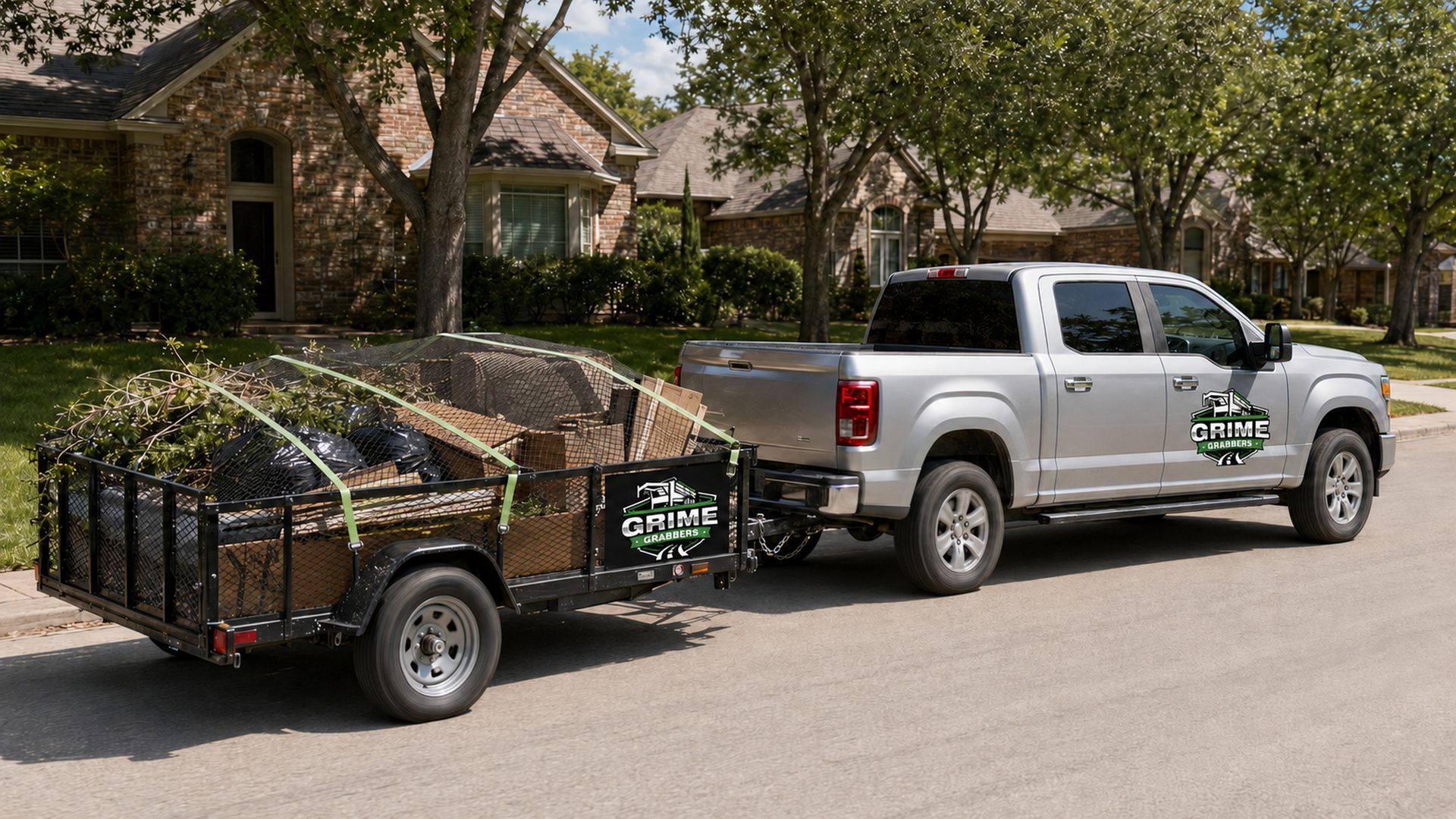 Furniture and boxes on a driveway beside a moving truck at a suburban house