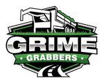 Grime Grabbers logo with a white dump truck over green and black shield shapes