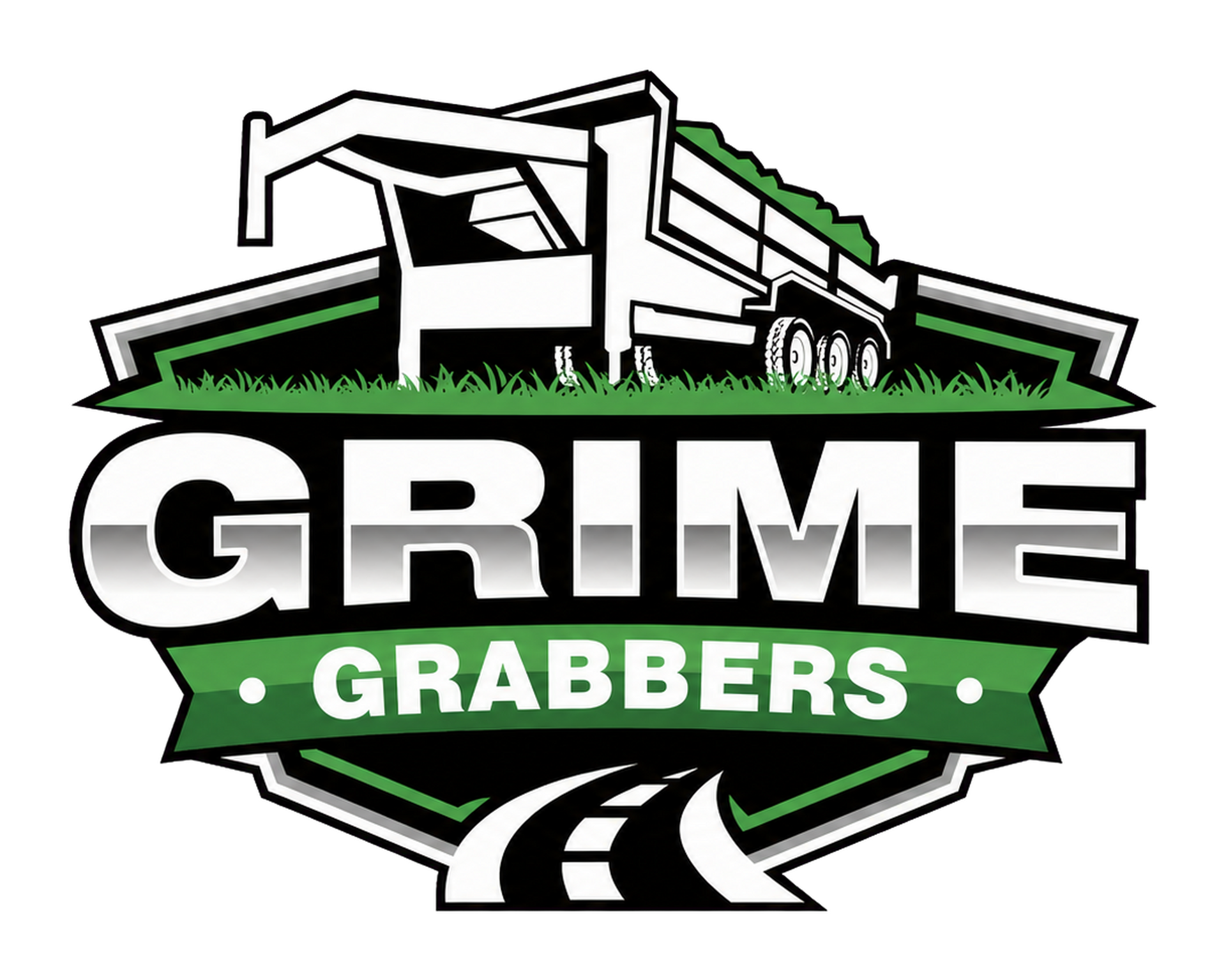Grime Grabbers logo with a green and black dump truck over bold text and a road graphic