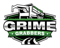Grime Grabbers logo with a green and black dump truck over bold text and a road graphic