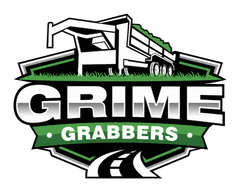Grime Grabbers logo with a white dump truck over green and black shield shapes