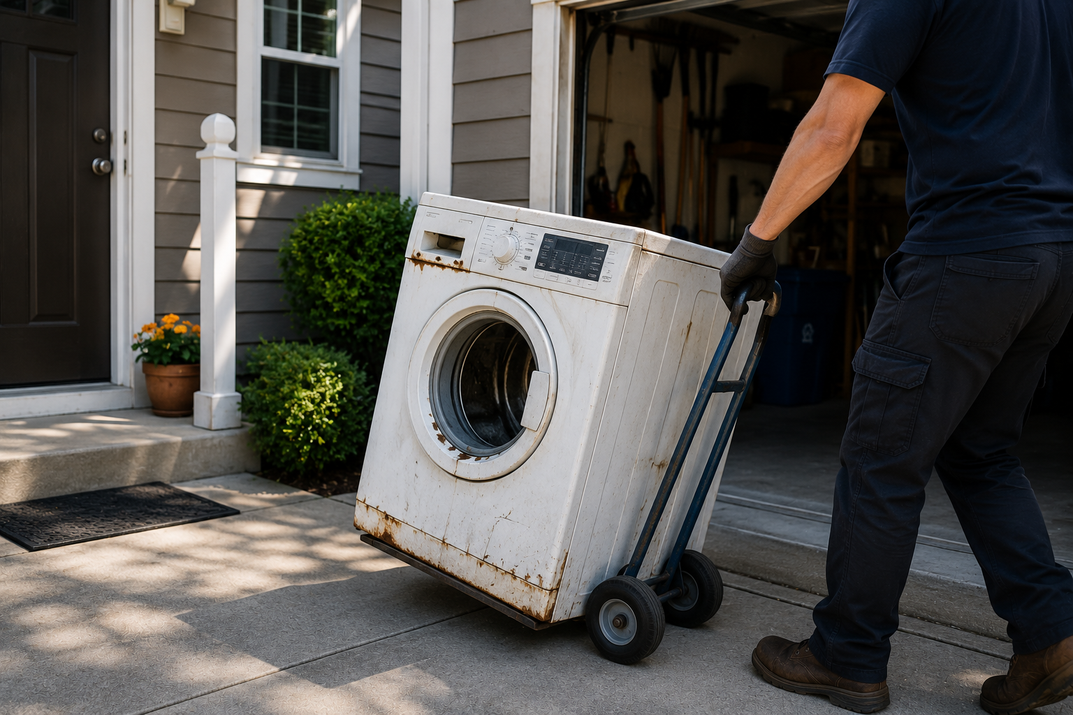 Person moving a white front-load washing machine on a hand truck outside a house