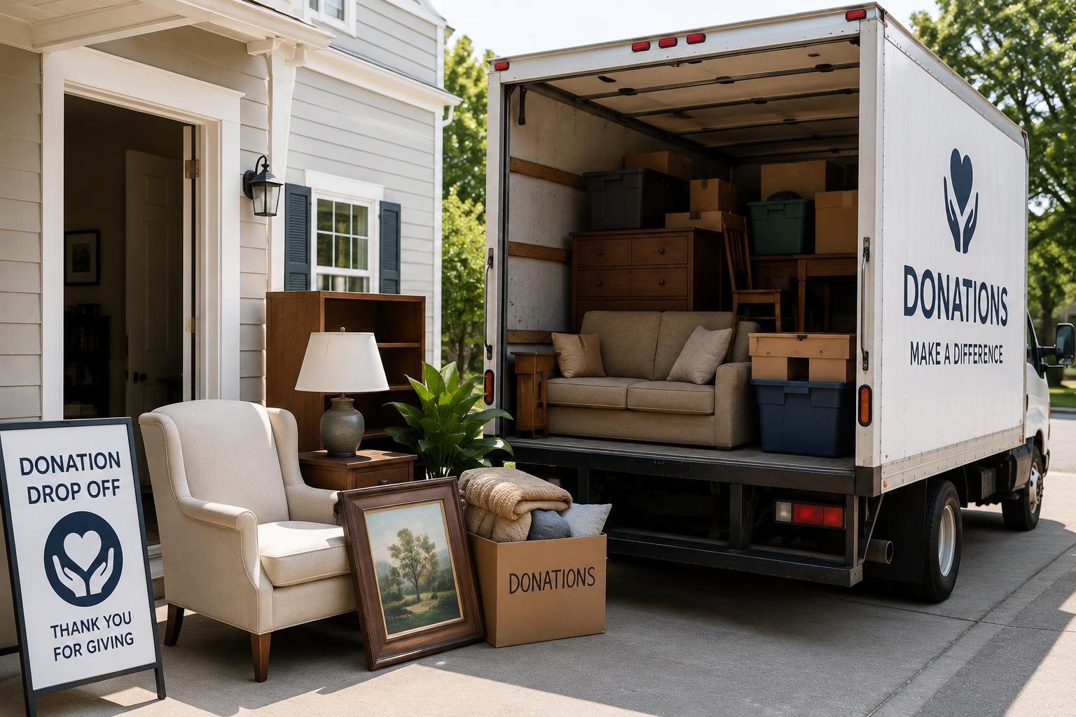 Moving truck loading donated furniture from a doorway, with a donation drop-off sign outside.