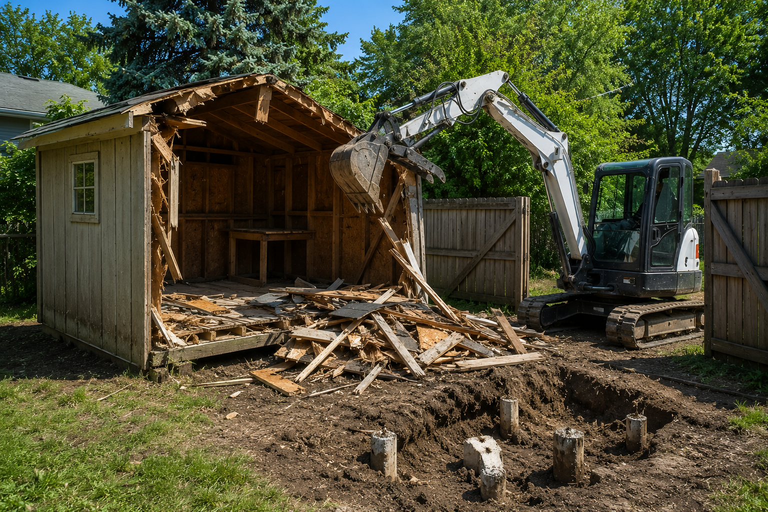 Excavator tearing down a wooden shed in a yard, with debris scattered on the ground.