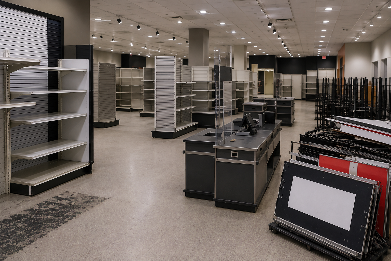 Empty retail store interior with shelving units, display racks, and counters under bright ceiling lights