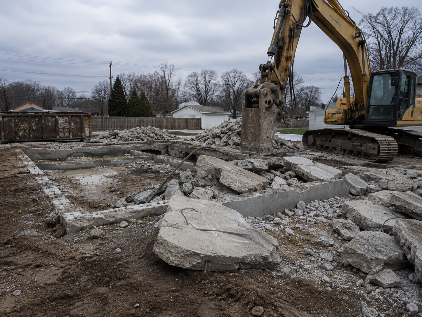 Excavator breaking up a concrete slab at a demolition site under a cloudy sky