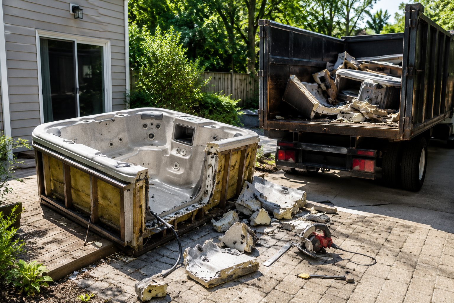 Broken hot tub and debris beside a dump truck in a driveway