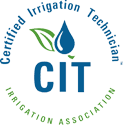 A certified irrigation technician logo with a drop of water and leaves.