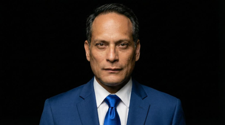 A person with short, dark hair wearing a blue suit and tie, centered against a stark black background.