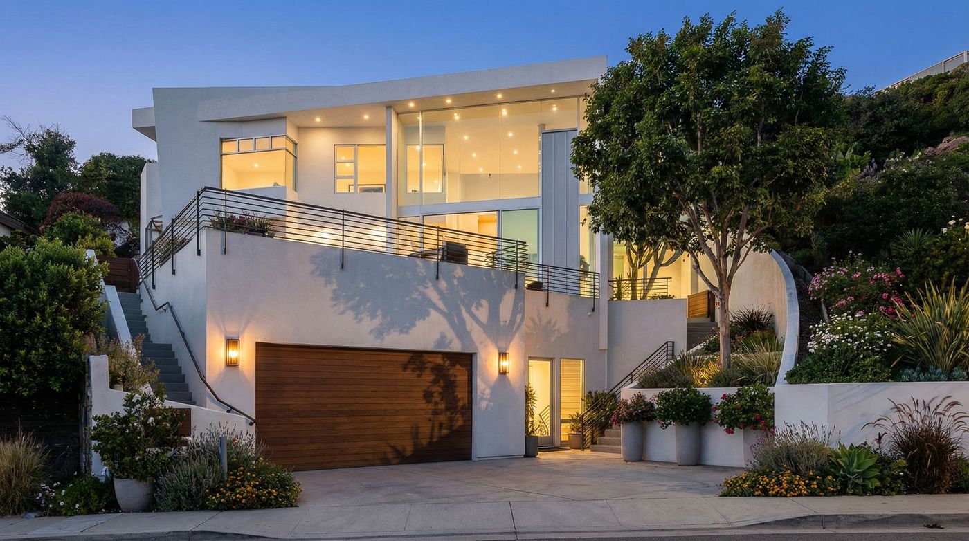 A modern, multi-level white home with a wooden garage, large glass windows, and landscaped greenery at dusk.
