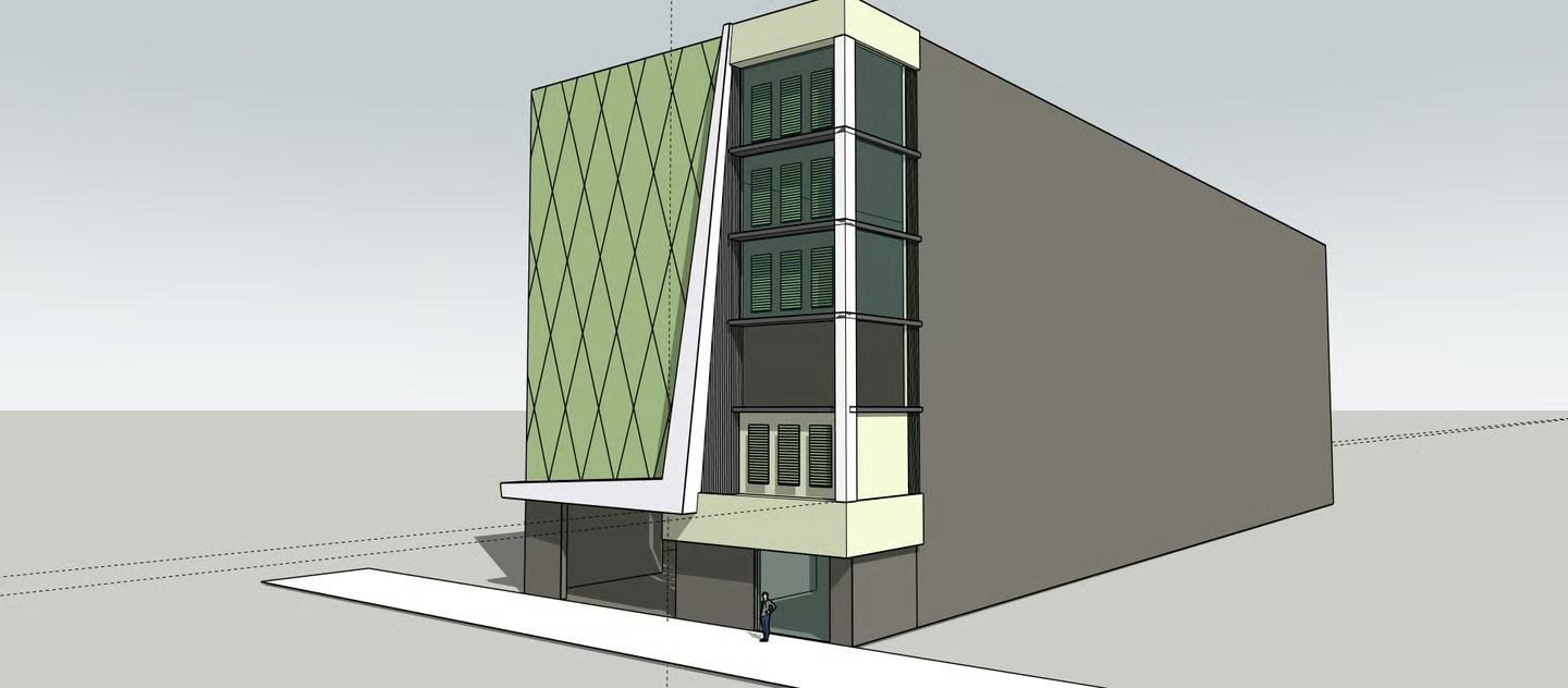 A digital architectural rendering of a multi-story building with a green patterned facade and a glass corner section.