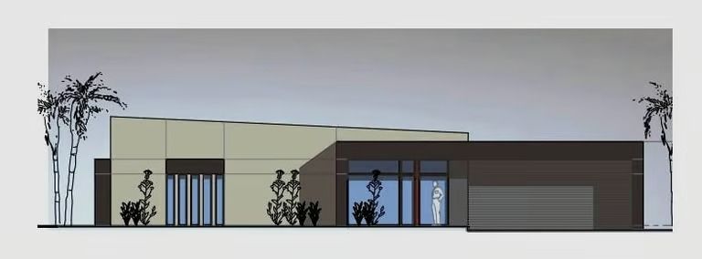 A modern, single-story house exterior with a flat roof, beige and dark brown walls, large windows, and a garage.