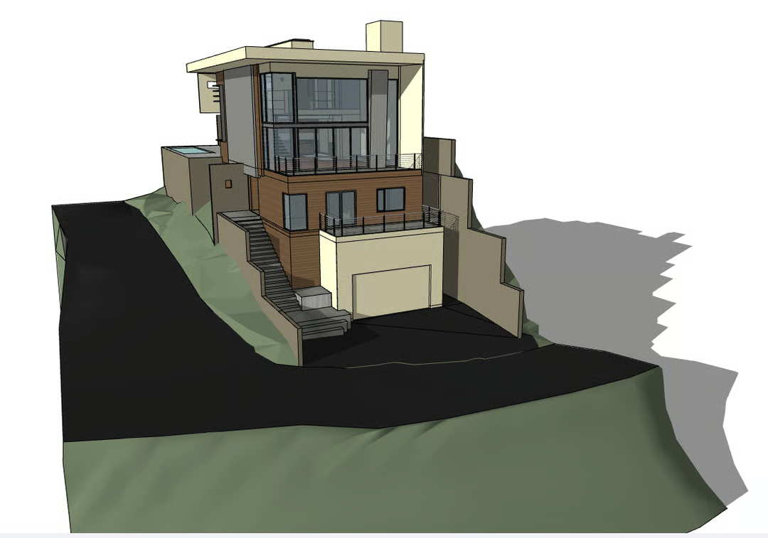 A 3D digital model of a modern, multi-story house on a sloped lot, featuring a driveway, stone base, and glass windows.