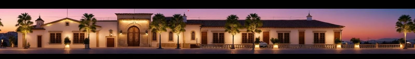 A wide-angle, panoramic shot of a single-story Spanish-style estate illuminated at twilight against a pink-hued sky.