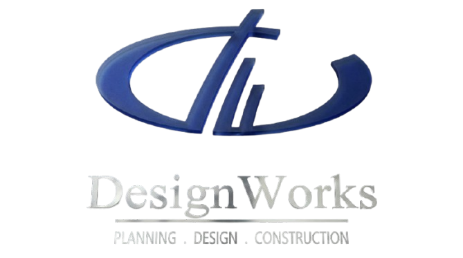Logo for DesignWorks, featuring a dark blue abstract icon above text that reads "DesignWorks" and "PLANNING . DESIGN . CONSTRUCTION".