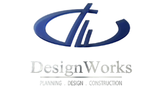 Logo for DesignWorks, featuring a dark blue abstract icon above text that reads "DesignWorks" and "PLANNING . DESIGN . CONSTRUCTION".