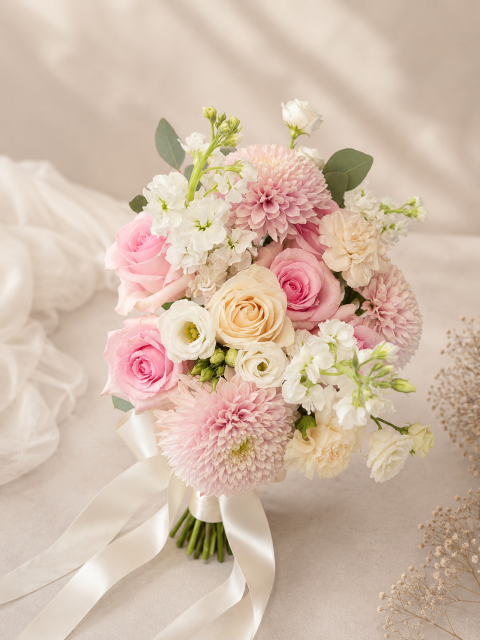 Bouquet de mariée rose pâle et blanc composé de roses, d'œillets et de ruban sur fond de tissu crème
