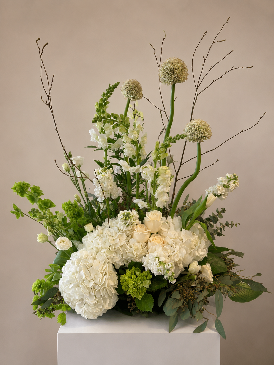 Élégante composition florale blanche et verte dans un vase blanc, avec de hautes branches et des fleurs rondes.