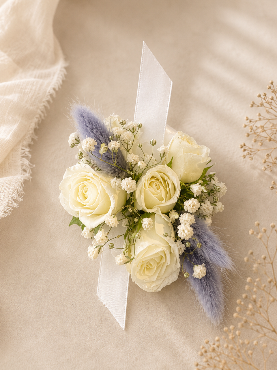 Boutonnière de rose crème avec gypsophile et touches de lavande sur ruban blanc