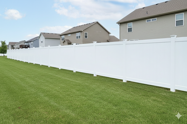 A long, brown wooden fence in a backyard on a sunny day. Green grass surrounds it.
