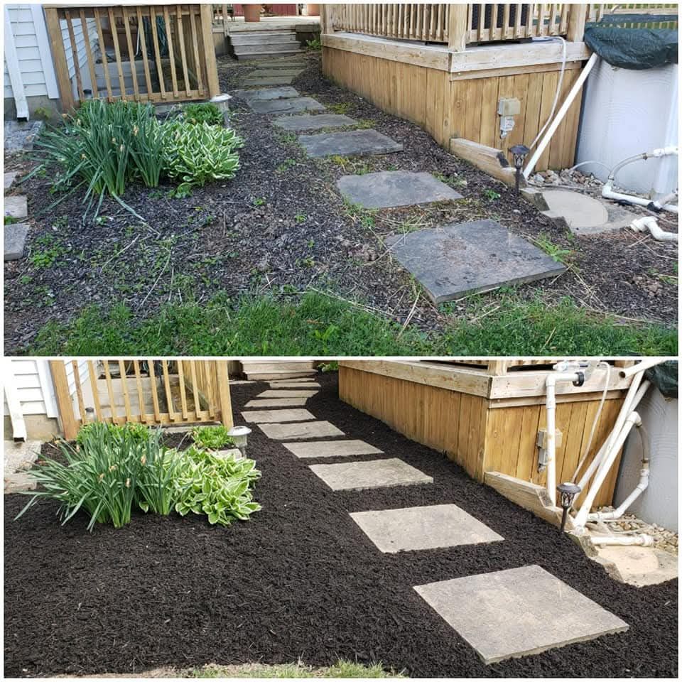 Before-and-after of a mulch bed path. Dark mulch surrounds stone steps in a yard.
