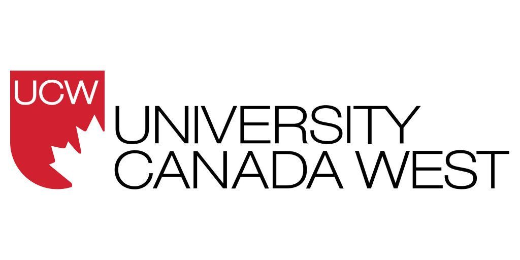 The university of canada west logo is red and black with a maple leaf.